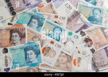 Vue de dessus de Pound note disposés au hasard. Banque D'Images