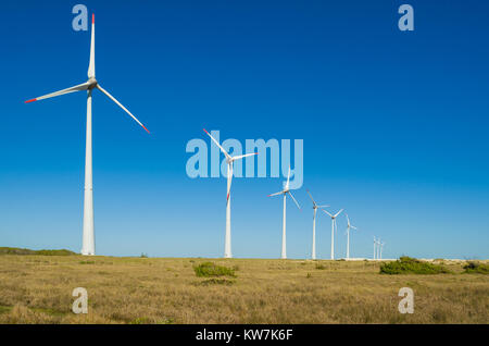 Grand concept des énergies renouvelables, l'énergie durable. Avec champ de vent Éoliennes, produisant de l'énergie éolienne dans le cadre de ciel bleu. Banque D'Images