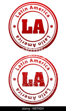 Paire de timbres en caoutchouc rouge dans le style grunge et solides avec légende l'Amérique latine et l'abréviation LA Illustration de Vecteur