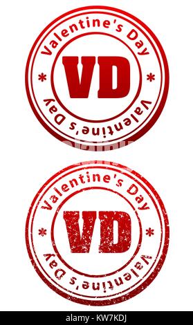 Paire de timbres en caoutchouc rouge dans le style grunge et solides avec légende la Saint-Valentin et abréviation VD Illustration de Vecteur