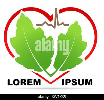 Résumé santé médical avec silhouette de l'icône en forme de coeur stylisé, paire de feuilles vertes et de ligne de cardiogramme et l'ombre. Peut utilisé comme logo, symbole Illustration de Vecteur