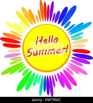 Cartoon couleur symbole de soleil avec légende Hello Summer !. Vector illustration. Illustration de Vecteur