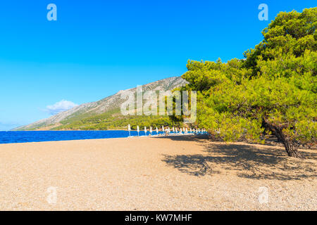 Pins verts sur la plage de Zlatni Rat vide avec une vue magnifique sur la mer et montagnes en arrière-plan d'eau, île de Brac, Croatie Banque D'Images