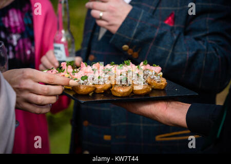 Garden party de mariage réception avec des canapés servis aux clients à Taunton Banque D'Images