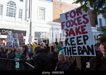 Les manifestants tenant des pancartes manifester contre la chasse au renard comme la chasse au Carmarthenshire Carmarthen parade dans le jour de l'an 2018 Banque D'Images