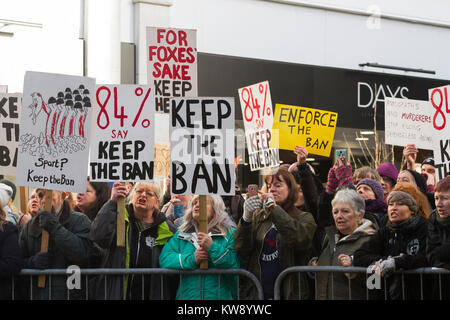Les manifestants tenant des pancartes manifester contre la chasse au renard comme la chasse au Carmarthenshire Carmarthen parade dans le jour de l'an 2018 Banque D'Images