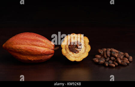 Les différentes étapes du cacao pod sur fond en bois sombre. Banque D'Images