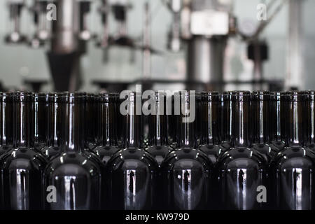 Vue avant gros plan du vide des bouteilles de vin rouge en rangées sur la ligne de production à la winery Banque D'Images