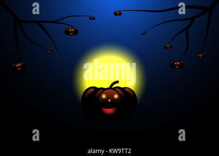 Citrouilles d'halloween et de la direction générale avec l'arbre de lune sur fond bleu, illustration vectorielle ajouter du texte de l'espace. Banque D'Images