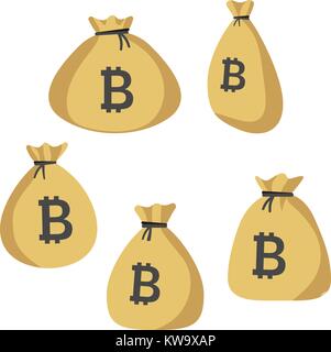Ensemble d'icônes sac d'argent avec une monnaie numérique bitcoin sign Illustration de Vecteur