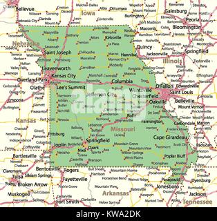 La carte du Missouri. Montre frontières du pays, les zones urbaines, les noms de lieux, routes et autoroutes.  : Projection Mercator. Illustration de Vecteur