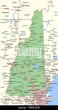 Plan de New Hampshire. Montre frontières du pays, les zones urbaines, les noms de lieux, routes et autoroutes.  : Projection Mercator. Illustration de Vecteur