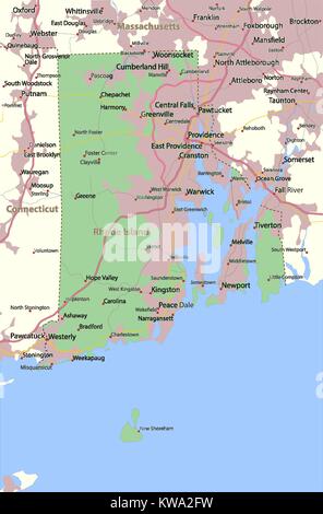 Plan de Rhode Island. Montre frontières du pays, les zones urbaines, les noms de lieux, routes et autoroutes.  : Projection Mercator. Illustration de Vecteur