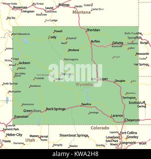 Site du Wyoming. Montre frontières du pays, les zones urbaines, les noms de lieux, routes et autoroutes.  : Projection Mercator. Illustration de Vecteur