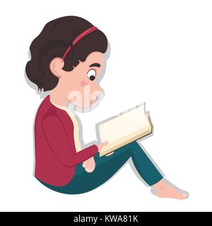 Peu caucasian girl sitting et la lecture d'un livre isolé sur fond blanc. Illustration de Vecteur