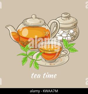Tasse de thé, théière et sucrier Illustration de Vecteur