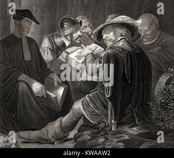 Puritains lire la bible, 17e siècle Banque D'Images