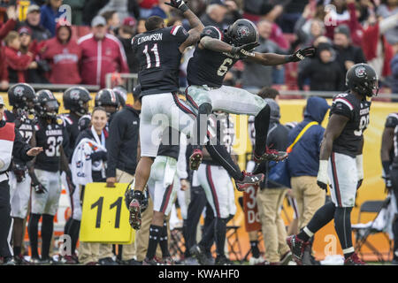 Tampa, Floride, USA. 1er janvier 2018. Caroline du Sud Gamecocks linebacker T.J. 1er janvier 2018. Brunson (6) et le secondeur Eldridge Thompson (11) célébrer après un passage jusqu'à l'encontre de la Michigan Wolverines au cours du quatrième trimestre dans l'Outback Bowl chez Raymond James Stadium le lundi 1 janvier 2018 à Tampa, en Floride. Credit : Travis Pendergrass/ZUMA/Alamy Fil Live News Banque D'Images