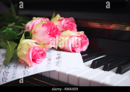 Un bouquet de roses roses et des notes sur le clavier du piano. Le concept de l'éducation musicale et de concerts. Banque D'Images