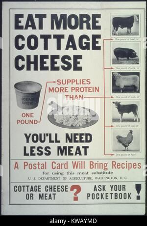 Guerre émises par le gouvernement poster éducatif encourageant les Américains à manger plus le fromage blanc à la place de la viande, 1917. Banque D'Images