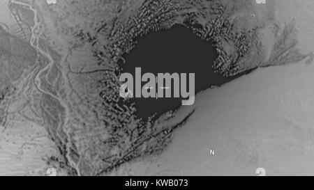 Encore du point de vue aérienne d'une GBU-43/B Ordnance Massive souffle d'air (MOAB) bombe, familièrement connue comme la Mère de toutes les bombes, l'ISIS-K cave et du réseau de tunnels dans le district de l'Achin province de Nangarhar, dans l'Est de l'Afghanistan à 7:32 h, heure locale, le 13 avril 2017. Avec la permission du ministère de la Défense. Banque D'Images