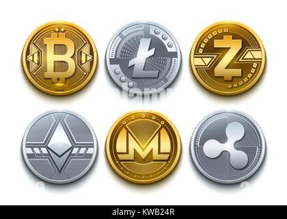 Vecteur numérique cryptocurrency set d'icônes. , Bitcoin Litecoin, Ethereum, Monero, ondulation et Zcash illustration des pièces détaillées Illustration de Vecteur