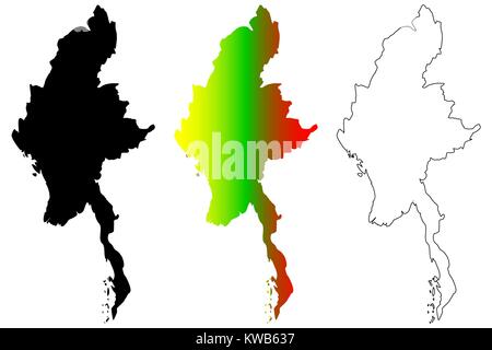 Myanmar map vector illustration gribouillage, croquis République de l'Union du Myanmar, Birmanie, Illustration de Vecteur