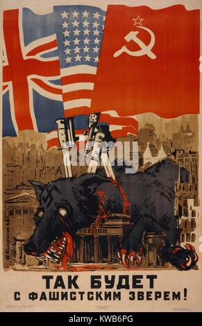 La Seconde Guerre mondiale affiche soviétique 2. Les Drapeaux des Alliés, soutenu par les baïonnettes bloqué dans dead wolf Nazi à Berlin, Allemagne. 1945. (BSLOC 2014 8 224) Banque D'Images