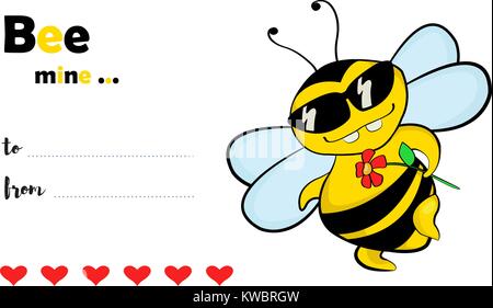 Bee mine - Valentine's Day card avec un drôle de flirter abeille dans les lunettes de soleil, un dessin de l'illustration. Illustration de Vecteur