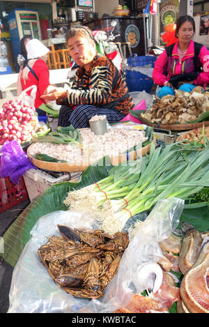 Punaises d'eau géantes (aka scorpions d'eau, maeng da) parmi d'autres aliments pour la vente au marché dans Chiang Mai, Thaïlande. Pas de monsieur ou PR Banque D'Images