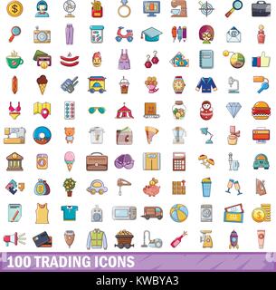 100 icons set trading, cartoon style Illustration de Vecteur