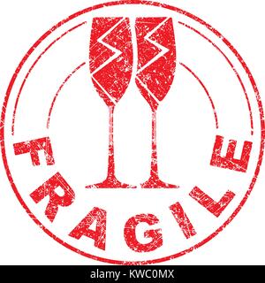 Grunge rouge fragile tampon de caoutchouc avec paire de verres à vin cassés Illustration de Vecteur