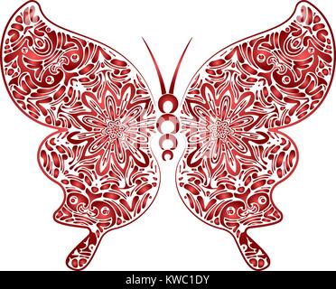 Hand drawn vector illustration papillon doodle zentangle dans des tons dégradés rouge. Illustration de Vecteur