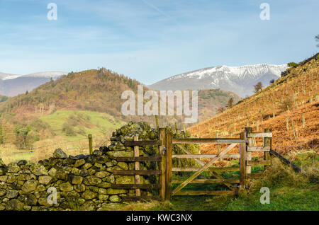 Une barrière en bois sur une colline dans le Lake District avec Blencathra dans l'arrière-plan Banque D'Images