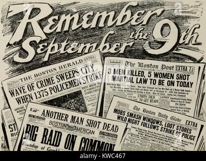 Illustration : Se souvenir de septembre, la 9ème. Les titres des journaux de Boston à la violente début de la grève de la Police de Boston en 1919. La grève a pris feu lorsque le commissaire de la Police de Boston Edwin Curtis suspendu 19 officiers pour leurs activités syndicales. Contexte causes ont été l'environnement causée par la Première Guerre mondiale 'Red Scare' et de tensions politiques entre le commissaire et le Républicain Yankee démocrate irlandais Force de police. (BSLOC 2015 15 100) Banque D'Images