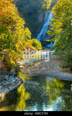 Un pêcheur à l'automne, Ithaca Falls Creek ci-dessous à Ithaca, New York. Banque D'Images