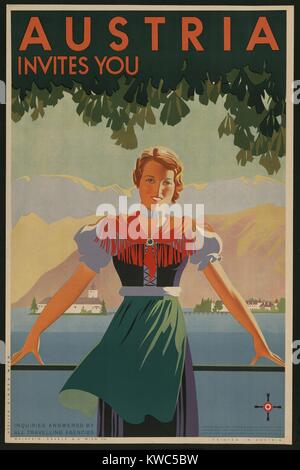 L'autriche vous invite ! 1934 Billet poster montre young woman in front of village stylisé et les montagnes. (BSLOC   2015 14 212) Banque D'Images