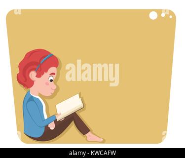 Peu caucasian girl sitting et la lecture d'un livre isolé sur fond blanc. Illustration de Vecteur