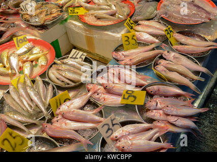 L'alimentation de rue avec du poisson frais et des fruits de mer en vente au marché asiatique à Hong Kong, Chine Banque D'Images