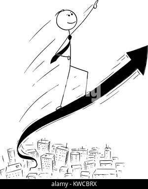 Cartoon stick man dessin illustration conceptuelle de businessman ride high sur l'augmentation de l'aide graphique. Notion d'entreprise, financière ou d'investissement suc Illustration de Vecteur