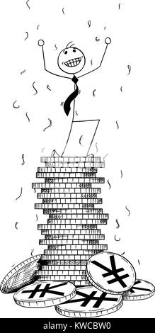 Cartoon stick man dessin illustration conceptuelle de businessman bénéficiant ou hommage on pile ou pile de Yen japonais Yuan Renminbi chinois ou des pièces. C Illustration de Vecteur
