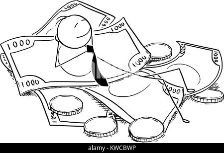 Cartoon stick man dessin illustration conceptuelle de businessman profitant allongé sur pile d'argent, de pièces et de billets. Concept de la situation financière des entreprises s Illustration de Vecteur
