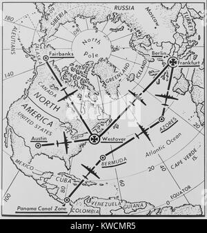 Les itinéraires de U.S. Air Force C-54 'Flying Boxcar' de l'Amérique du Nord à Francfort, Allemagne. Au cours de l'hiver 1948-1949 Pont Aérien de Berlin la ville nécessaire 1 500 tonnes de denrées alimentaires et 6 000 tonnes de charbon par jour. - BSLOC  2014 (15 246) Banque D'Images