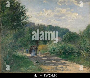 Une route à Louveciennes, par Auguste Renoir, 1870, la peinture impressionniste français, huile sur toile. Ce paysage impressionniste dispose de riches verts frais peint avec le pinceau (BSLOC active rythmiquement 2017 3 68) Banque D'Images