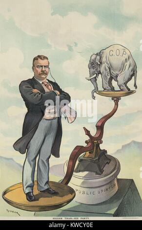 Plus grand que son parti. Caricature de Puck Magazine, 7 mai 1902. Le président Theodore Roosevelt debout sur l'échelle de l'opinion publique et de l'emporter sur l'éléphant républicain. TR était impopulaire auprès des conservateurs GOP, contre qui il a manoeuvré pour l'investiture Présidentielle 1904 (BSLOC 2017 4 70) Banque D'Images