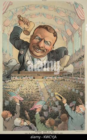 CHICAGO, le 21 juin 1904. Tous EN FAVEUR DE LA NOMINATION VA DIRE OUI ! Caricature de Puck Magazine, montre un énorme Theodore Roosevelt à la Convention Nationale Républicaine, podium de brandir le drapeau avec les délégués au premier plan (BSLOC 2017 6 26) Banque D'Images