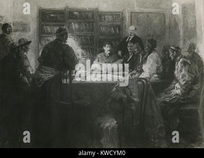 Lénine et Staline reçoive une délégation d'entre les peuples de l'Asie centrale. Peinture réaliste sociale russe soviétique par Konstantin Finogenov, ch. 1930-50. La peinture a contribué à Staline mythmaking sur ses relations avec Lénine (BSLOC 2017 2 29) Banque D'Images