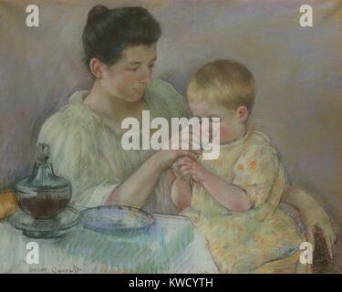 L'alimentation de la mère enfant, par Mary Cassatt, 1898, pastel, peinture impressionniste sur papier. Il s'agit d'une représentation de la vie quotidienne, unsentimental (BSLOC 2017 3 136) Banque D'Images