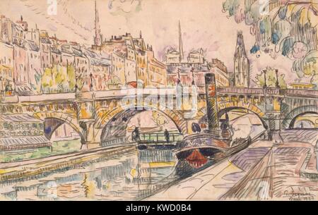 Au remorqueur le Pont Neuf, Paris, par Paul Signac, 1923, aquarelle, postimpressionniste français. Signac appliqué aquarelle sur crayon noir un dessin dans ce paysage urbain (BSLOC 2017 5 93) Banque D'Images