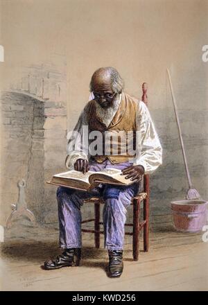 La lecture des Écritures, par Thomas Waterman, 1874 bois, peinture aquarelle américaine. L'artiste a grandi dans un milieu rural Vermont, spécialisé dans l'illustrant les Africains américains. Cette peinture montre un homme âgé esclaves auparavant la lecture d'une Bible. Il présente un thème d'espoir, de l'éducation et la piété religieuse rendue possible par l'émancipation (BSLOC   2017 20 150) Banque D'Images